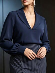 Easura Women's Plus Size Spring Single Piece Shawl Collar Deep V-Neck Textured Long Sleeve Top, Slim Fit Flattering Mature Style Office Commute Blouse Fall - Navy Blue - View 5