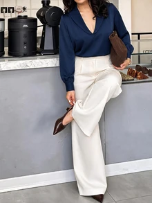 Easura Women's Plus Size Spring Single Piece Shawl Collar Deep V-Neck Textured Long Sleeve Top, Slim Fit Flattering Mature Style Office Commute Blouse Fall - Navy Blue - View 1