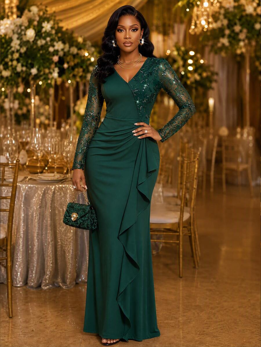 SHEIN Lady Women's Elegant Exquisite Sequin Embroidered Pleated Ruffle Ribbon Dress - Dark Green - View 1