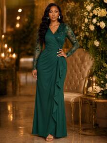 SHEIN Lady Women's Elegant Exquisite Sequin Embroidered Pleated Ruffle Ribbon Dress - Dark Green - View 4