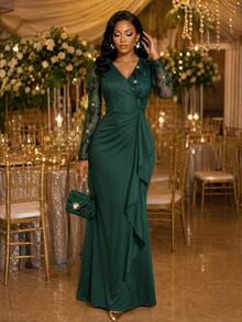 SHEIN Lady Women's Elegant Exquisite Sequin Embroidered Pleated Ruffle Ribbon Dress - Dark Green - View 3