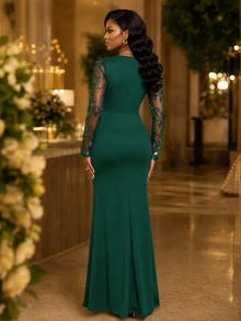 SHEIN Lady Women's Elegant Exquisite Sequin Embroidered Pleated Ruffle Ribbon Dress - Dark Green - View 2