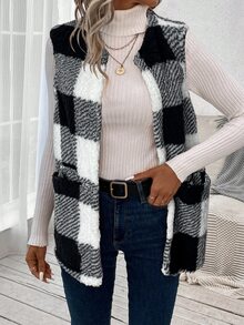 SHEIN LUNE Buffalo Plaid Print Open Front Teddy Vest Coat In Fall/Winter,Fall - Black and White - View 5