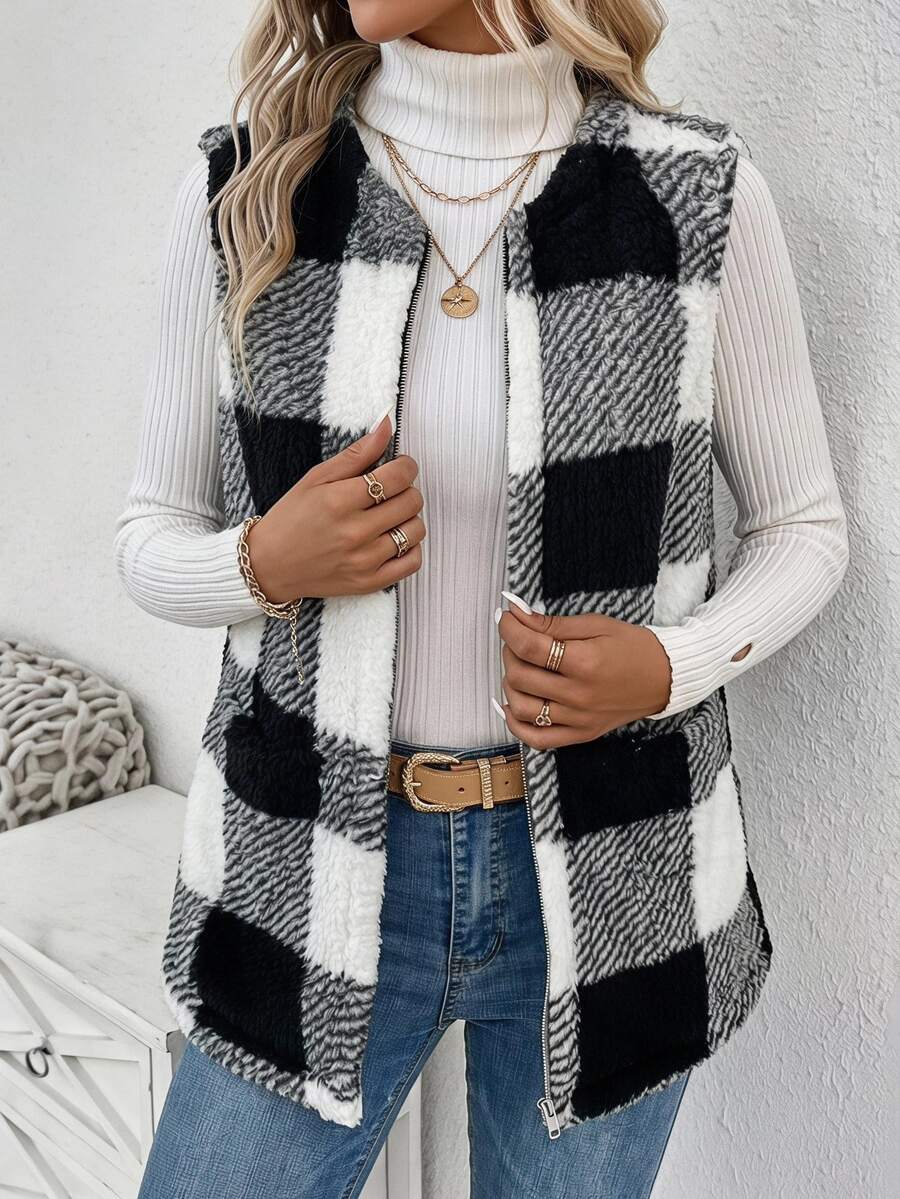 SHEIN LUNE Buffalo Plaid Print Open Front Teddy Vest Coat In Fall/Winter,Fall