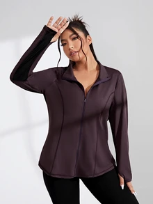 Rhythm Era Plus Size Zipper Front Sports Jacket Fall - Coffee Brown - View 5