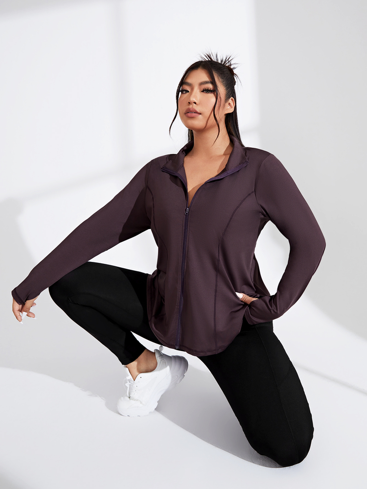 Rhythm Era Plus Size Zipper Front Sports Jacket Fall - Coffee Brown - View 6