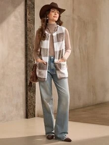 Wildy BOHO Buffalo Plaid Print Open Front Teddy Vest Coat In Fall/Winter Casual - Multicolor - View 5