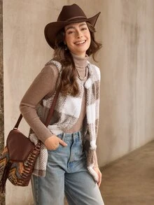 Wildy BOHO Buffalo Plaid Print Open Front Teddy Vest Coat In Fall/Winter Casual - Multicolor - View 4
