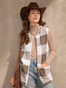 Wildy Chaleco tipo teddy con estampado de cuadros escoceses bohemio de apertura frontal, para uso casual en otoño/invierno - Multicolor - Ver 7