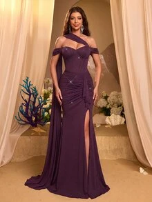 Glamrae Elegant Sexy Deep Purple Glitter Stretch Asymmetric Off Shoulder Sweetheart Bustier Rhinestone Ruched High Slit Drape Train Formal Evening Gown Summer - Purple - View 3