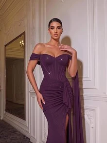 Glamrae Elegant Sexy Deep Purple Glitter Stretch Asymmetric Off Shoulder Sweetheart Bustier Rhinestone Ruched High Slit Drape Train Formal Evening Gown Summer - Purple - View 9