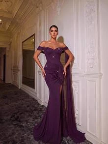 Glamrae Elegant Sexy Deep Purple Glitter Stretch Asymmetric Off Shoulder Sweetheart Bustier Rhinestone Ruched High Slit Drape Train Formal Evening Gown Summer - Purple - View 2