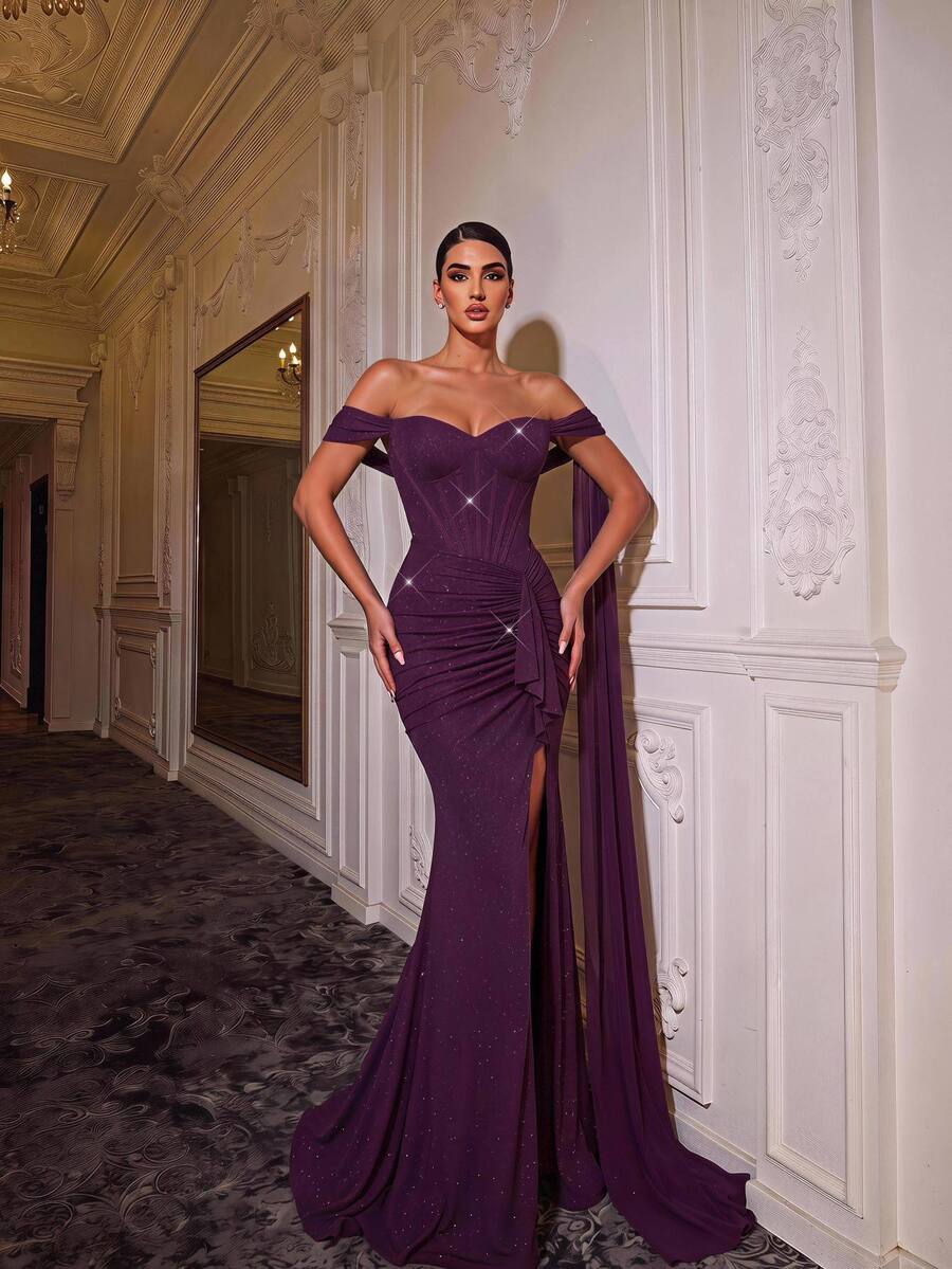 Glamrae Elegant Sexy Deep Purple Glitter Stretch Asymmetric Off Shoulder Sweetheart Bustier Rhinestone Ruched High Slit Drape Train Formal Evening Gown Summer