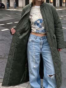 Struktiv Vintage Long Diamond Quilted Jacket Stand Collar Button Down Loose Oversized Winter Parka Coat - Army Green - View 3