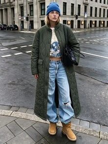 Struktiv Vintage Long Diamond Quilted Jacket Stand Collar Button Down Loose Oversized Winter Parka Coat - Army Green - View 7