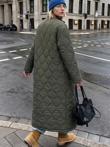 Struktiv Vintage Long Diamond Quilted Jacket Stand Collar Button Down Loose Oversized Winter Parka Coat - Army Green - View 2