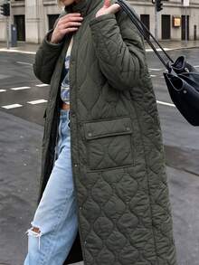 Struktiv Vintage Long Diamond Quilted Jacket Stand Collar Button Down Loose Oversized Winter Parka Coat - Army Green - View 6