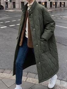 Struktiv Vintage Long Diamond Quilted Jacket Stand Collar Button Down Loose Oversized Winter Parka Coat - Army Green - View 8