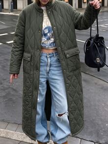 Struktiv Vintage Long Diamond Quilted Jacket Stand Collar Button Down Loose Oversized Winter Parka Coat - Army Green - View 4