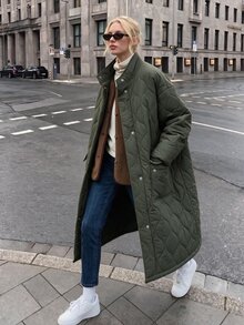 Struktiv Vintage Long Diamond Quilted Jacket Stand Collar Button Down Loose Oversized Winter Parka Coat - Army Green - View 1