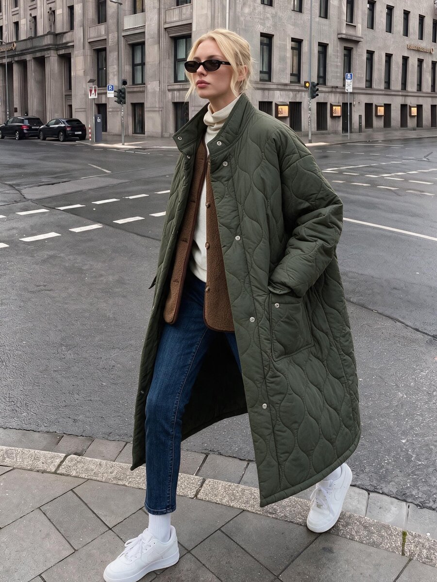 Struktiv Vintage Long Diamond Quilted Jacket Stand Collar Button Down Loose Oversized Winter Parka Coat - Army Green - View 1