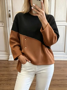 Weeklong Fall/Winter Plus Size Women's Colorblock Asymmetrical Hem Casual Traditional Commute Sweatshirt Formal Black Pleated Going Out Halloween Basic Asual - Multicolor - View 6