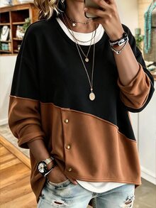 Weeklong Fall/Winter Plus Size Women's Colorblock Asymmetrical Hem Casual Traditional Commute Sweatshirt Formal Black Pleated Going Out Halloween Basic Asual - Multicolor - View 2