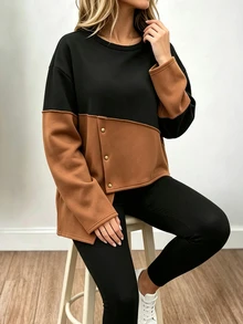 Weeklong Fall/Winter Plus Size Women's Colorblock Asymmetrical Hem Casual Traditional Commute Sweatshirt Formal Black Pleated Going Out Halloween Basic Asual - Multicolor - View 4