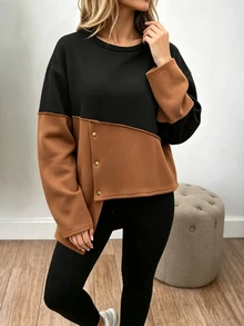 Weeklong Fall/Winter Plus Size Women's Colorblock Asymmetrical Hem Casual Traditional Commute Sweatshirt Formal Black Pleated Going Out Halloween Basic Asual - Multicolor - View 1