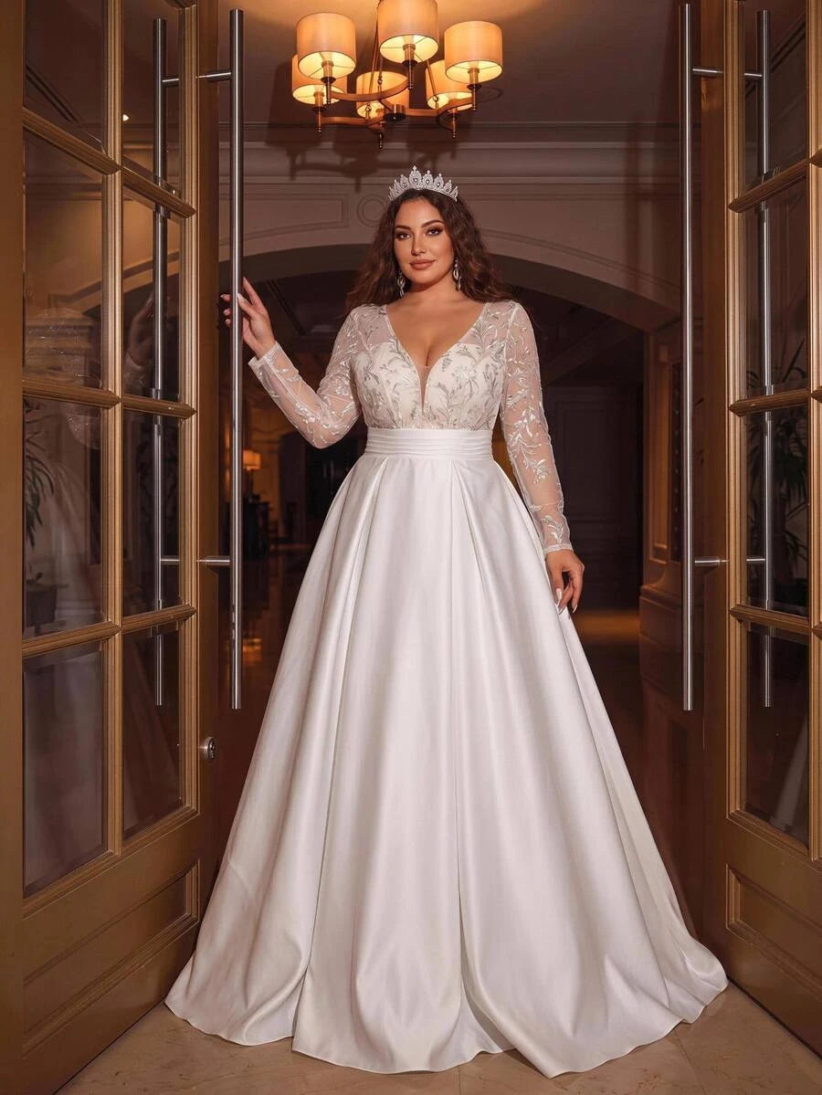 Glamrae Plus Size Elegant Romantic White Beaded Embroidered Patchwork Satin Long Sleeve Deep V-Neck A-Line Train Maxi Dress Formal Wedding Fall - White - View 1