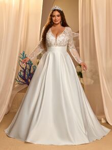 Glamrae Plus Size Elegant Romantic White Beaded Embroidered Patchwork Satin Long Sleeve Deep V-Neck A-Line Train Maxi Dress Formal Wedding Fall - White - View 7