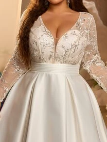 Glamrae Plus Size Elegant Romantic White Beaded Embroidered Patchwork Satin Long Sleeve Deep V-Neck A-Line Train Maxi Dress Formal Wedding Fall - White - View 4