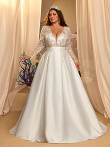 Glamrae Plus Size Elegant Romantic White Beaded Embroidered Patchwork Satin Long Sleeve Deep V-Neck A-Line Train Maxi Dress Formal Wedding Fall - White - View 8