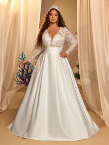 Glamrae Plus Size Elegant Romantic White Beaded Embroidered Patchwork Satin Long Sleeve Deep V-Neck A-Line Train Maxi Dress Formal Wedding Fall - White - View 3