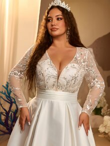 Glamrae Plus Size Elegant Romantic White Beaded Embroidered Patchwork Satin Long Sleeve Deep V-Neck A-Line Train Maxi Dress Formal Wedding Fall - White - View 6