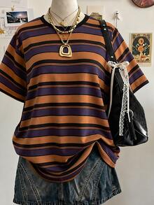 SHEIN Sparklyn Teen Girls Digital Striped Pattern Short Sleeve T-Shirt Casual Comfortable Fashion, Cute, Casual, Knit, Loose, Back To School, Vintage,Stripe - Multicolor - View 3