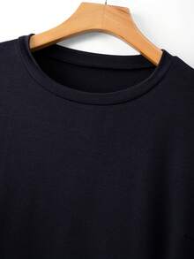 GlowEve CURVE Plus Size Women's Solid Color Round Neck Striped Patchwork Loose Long Sleeve Sweatshirt, Suitable For Spring And Autumn Casual Wear - Navy Blue - View 4