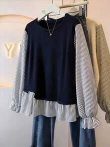 GlowEve CURVE Plus Size Women's Solid Color Round Neck Striped Patchwork Loose Long Sleeve Sweatshirt, Suitable For Spring And Autumn Casual Wear - Navy Blue - View 1