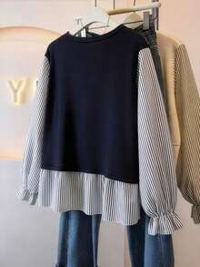 GlowEve CURVE Plus Size Women's Solid Color Round Neck Striped Patchwork Loose Long Sleeve Sweatshirt, Suitable For Spring And Autumn Casual Wear - Navy Blue - View 2