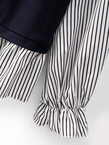 GlowEve CURVE Plus Size Women's Solid Color Round Neck Striped Patchwork Loose Long Sleeve Sweatshirt, Suitable For Spring And Autumn Casual Wear - Navy Blue - View 3