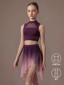 SHEIN Tween Girls Clothes Mesh Patchwork Stand Collar Top And Gradient, Cute, School, Back To School - Purple - View 1