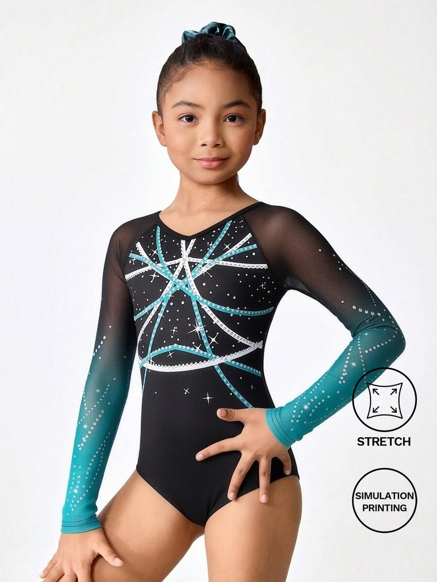 SHEIN Sports School Dance High Elasticity Girls Purple Vi Baby Ummer Brant Pattern Sparkling Rhinestone One-Piece Snug Fit Bodysuit