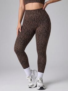 SHEIN Rhythm Era Plus Size Leopard Print High Waist Tummy Control Seamless Leggings, Super Soft High Stretch Yoga Pants Spring Summer - Brown - View 6