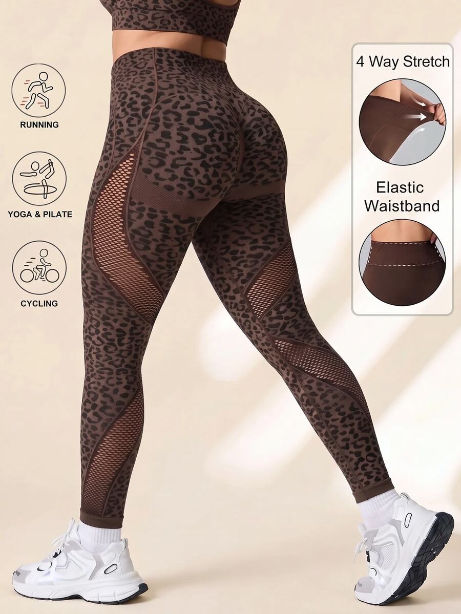 SHEIN Rhythm Era Plus Size Leopard Print High Waist Tummy Control Seamless Leggings, Super Soft High Stretch Yoga Pants Spring Summer - Brown - View 1