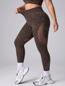 SHEIN Rhythm Era Plus Size Leopard Print High Waist Tummy Control Seamless Leggings, Super Soft High Stretch Yoga Pants Spring Summer - Brown - View 4
