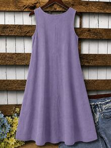 Linhara Vestido midi de línea A sin mangas con cuello redondo bordado de algodón y lino de unicolor simple para mujer de talla grande, adecuado para vacaciones casuales de verano - Morado - Ver 2