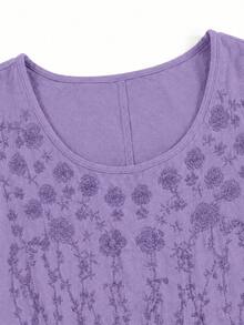 Linhara Vestido midi de línea A sin mangas con cuello redondo bordado de algodón y lino de unicolor simple para mujer de talla grande, adecuado para vacaciones casuales de verano - Morado - Ver 4