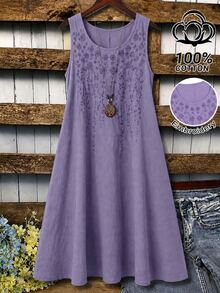 Linhara Vestido midi de línea A sin mangas con cuello redondo bordado de algodón y lino de unicolor simple para mujer de talla grande, adecuado para vacaciones casuales de verano - Morado - Ver 1