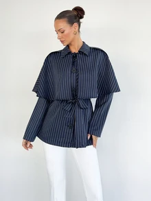 Siren Gaze Women's Fashion Casual Elegant Commuter Striped Shawl Collar Blazer 2 Pieces Set Business Office Work Navy Blue Autumn - Navy Blue - View 6