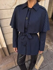 Siren Gaze Women's Fashion Casual Elegant Commuter Striped Shawl Collar Blazer 2 Pieces Set Business Office Work Navy Blue Autumn - Navy Blue - View 5